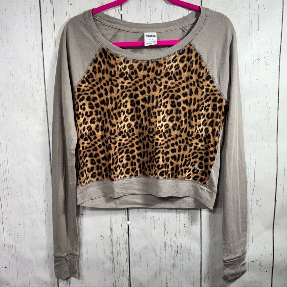 Pink Victorias Secret Brown Tan Cheetah Print Long Sleeve Cropped Casual Top